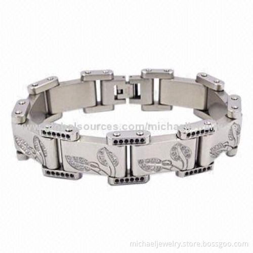 Stainless Steel Bracelets with 220pcs of Black and White CZ Stones and Lovely Leaf Shape